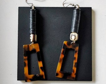 Long Black batik and tortoise african beaded earrings