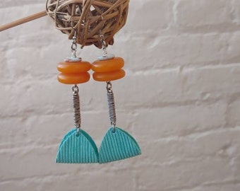 Chunky orange and ocean blue leather dangle earrings / leather statement earrings/ orange boho earring / leather vacation earrings