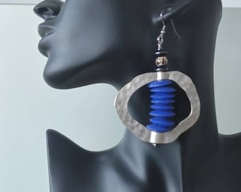 Shes royal blue  black and white african ohm earring/ royal blue african statement earring/ big african earrings