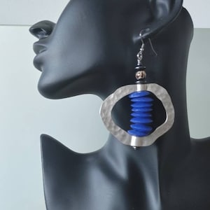 Royal Blue Ashanti Glass Earrings: Hammered Silver, African Statement Jewelry
