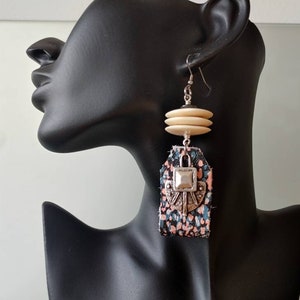 Acid Leopard Leather Dangle Earrings: Bone Beads, Antiqued Silver Charm