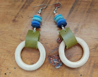 Pea green leather hoop earrings/ funky leather hoops/ beaded leather earrings