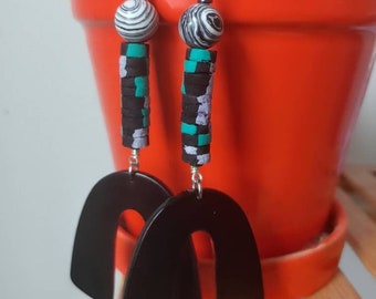 Black white malachite & acetate arrings / zoom earrings / colorful earrings/ funky black summer earrings / big black earrings/