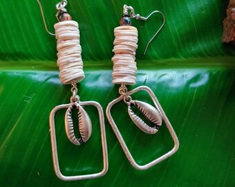 Beachy cowrie shell  dangle earring, ethnic   shell earrings, african cowrie shell earrings Afrocentric abundance earrings