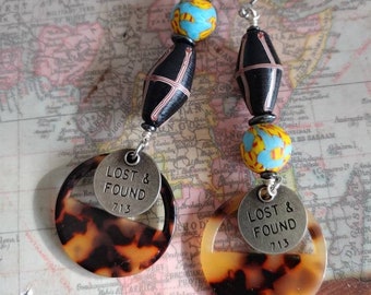 Lost and found global earrings/ earthy tortoise earrings african beaded blue charm earring