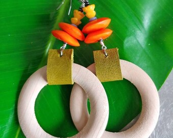 Green Leather and wooden earrings / big orange  earrings/leather earrings/ colorful leather earrings/ funky summer hoop earrings