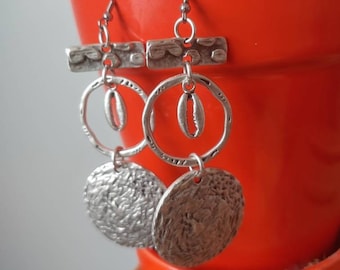 Cowrie Dangle Earrings: Textured Silver Shell Earrings