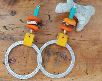 funky Big yellow tribal leather and beaded Afrocentric hoop earrings/ african summer earrings/ big bright bold statement earrings /