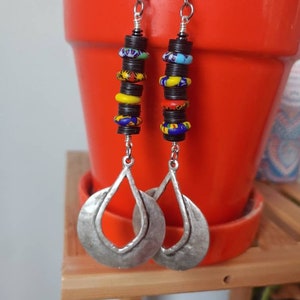 Long african earrings/ silver beaded earrings/ colorful silver earrings/ summer african earrings