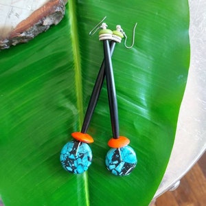 Extra long turquoise  earrings, long bone  earrings, long colorful  earrings, big colorful summer earrings, big ethnic earrings