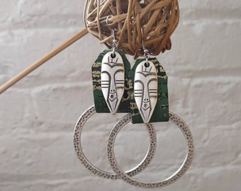Green and black  african leather mask hoop earrings