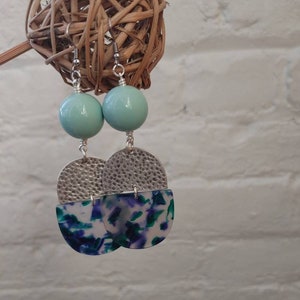 Blue acrylic mosiac dangle earrings, funky fall earrings , blue modern earrings