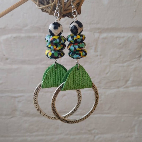 World cup African beaded green and blue leather circle earrings /afrocentric Tibetan agate funky leather earrings / afropop green earring