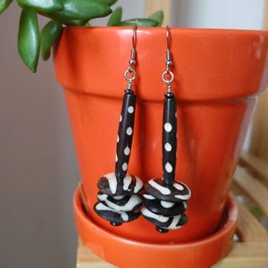 Black and white african tribal bone earrings, afrocentric dangle earrings, mixed print earrings, black and white ethnic earrings