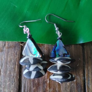 Abalone and batik triangle funky earrings,  funky triangle earrings, mother of pearl boho earrings