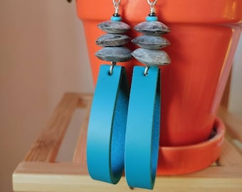 teal leather earrings, long bright leather earrings , gray and blue leather earrings, funky leather earrings