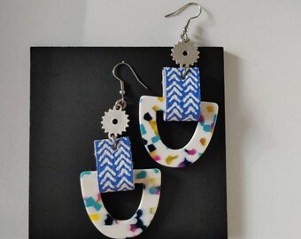 Tribal herringbone leather and confetti earrings / colorful summer earrings/ mixed print summer leather earrings / funky blue earrings