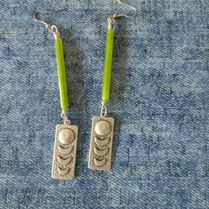Moon phase silver and green drop earrings, silver and green earrings , long silver earrings