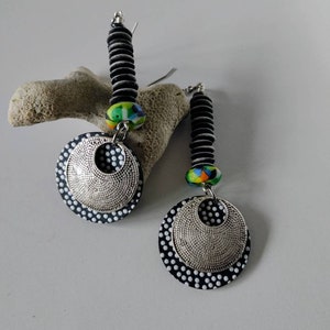 Funky colorful black and white African beaded earrings, afrocentric polkadot earrings, unique ethnic  black and white dangle earrings