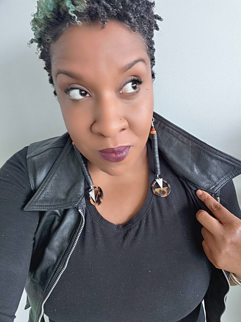 Grounding silver triangle and tortoise drop earrings Black and orange drop earrings long fall earrings