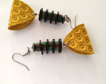 Red black and yellow  leather. Funky honeycomb earrings / afrocentric earrings / african summer leather earrings