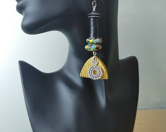 Yellow african beaded and leather dangle earrings