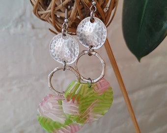 Pink and Green Dangle Earrings: Hammered Silver, Lightweight Summer Jewelry