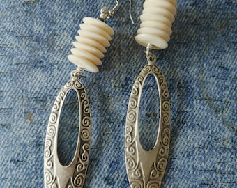 Funky tribal beige bone and silver dangle earrings