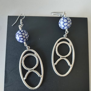 Blue and White Ceramic Dangle Earrings: Boho Silver Plated Jewelry