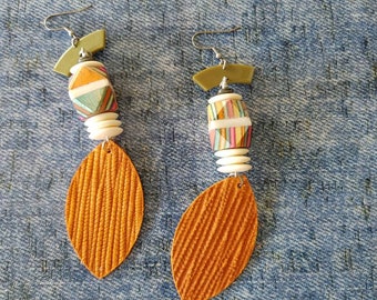 Funky orange wooden and leather  earrings / boho chic colorful wooden earrings/ long leather statement earrings/ funky orange earrings