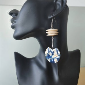 Funky Beige & Indigo Denim Blue Drop Earrings: Boho Vacation Jewelry