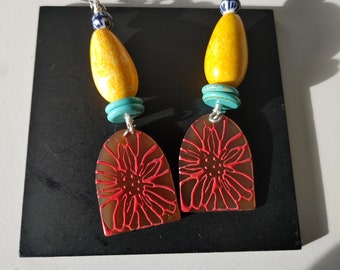 Yellow vintage floral  windowpane earrings / funky yellow earrings / ethnic earrings