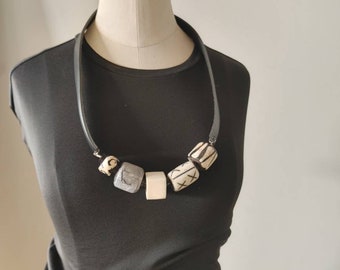 Chunky Leather Necklace: African Bone Beads, Neutral Statement Jewelry