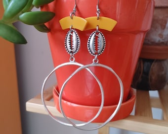 Orange Cowrie shell antiqued silver hoop earrings