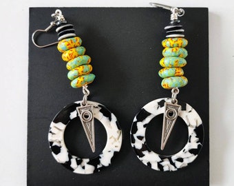 Funky tribal yellow and green circle earrings / mixed print black and white yellow and green earrings/ funky summer earrings