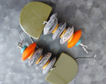 Citrus and olive green earrings |  green and gray earrings |  funky army green earrings