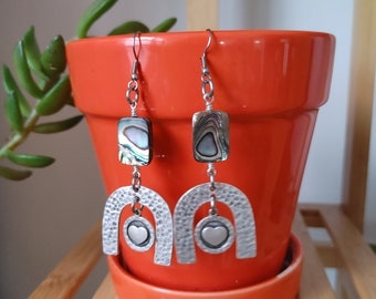 Mother of pearl abalone hammered silver heart  dangle earrings