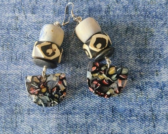 Denim and African chunky fall  bone beaded earrings