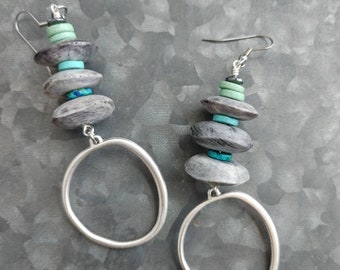 green  blue and silver  hoops/ ocean  hoops/ green and blue hoop earrings /