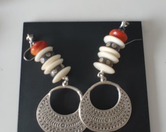 Sun warrior red orange beige and silver basket earrings