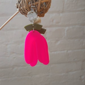 Hot pink and olive green contemporary funky earrings ,  pink statement earring , big bright earrings
