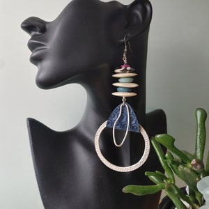 Blue Leather Hoop Earrings: African Bone & Silver Statement Jewelry