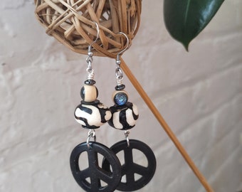 Beige abalone and black peace sign earrings/ abalone earrings/ funky wooden peace earrings