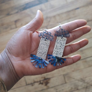 Funky Dangle Earrings: Blue Print, Hammered Silver, Acetate Fan