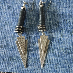 Black tribal spear black and white african beaded earrings , funky fall earrings, black white and silver triangle earrings