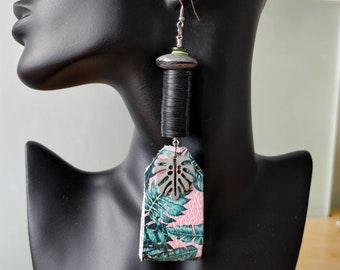 tropical pink green and gray statement african leather earrings/  long pink leather vacation earrings/ funky leather earrings