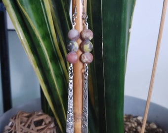 Beautiful pink and green plum jasper tail earrings