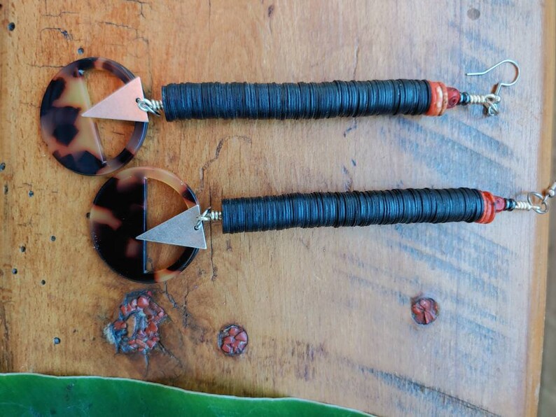 Grounding silver triangle and tortoise drop earrings Black and orange drop earrings long fall earrings