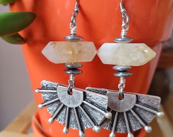 Citrine queen funky citrine and hematite crystal and silver hardware dangle earrings