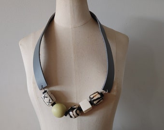 Chunky Leather Statement Necklace: African Bone Beads, Metal-Free